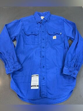 Carhartt FR Button Down Shirt Men Medium Blue Flame Resistant Long Sleeve FRS003